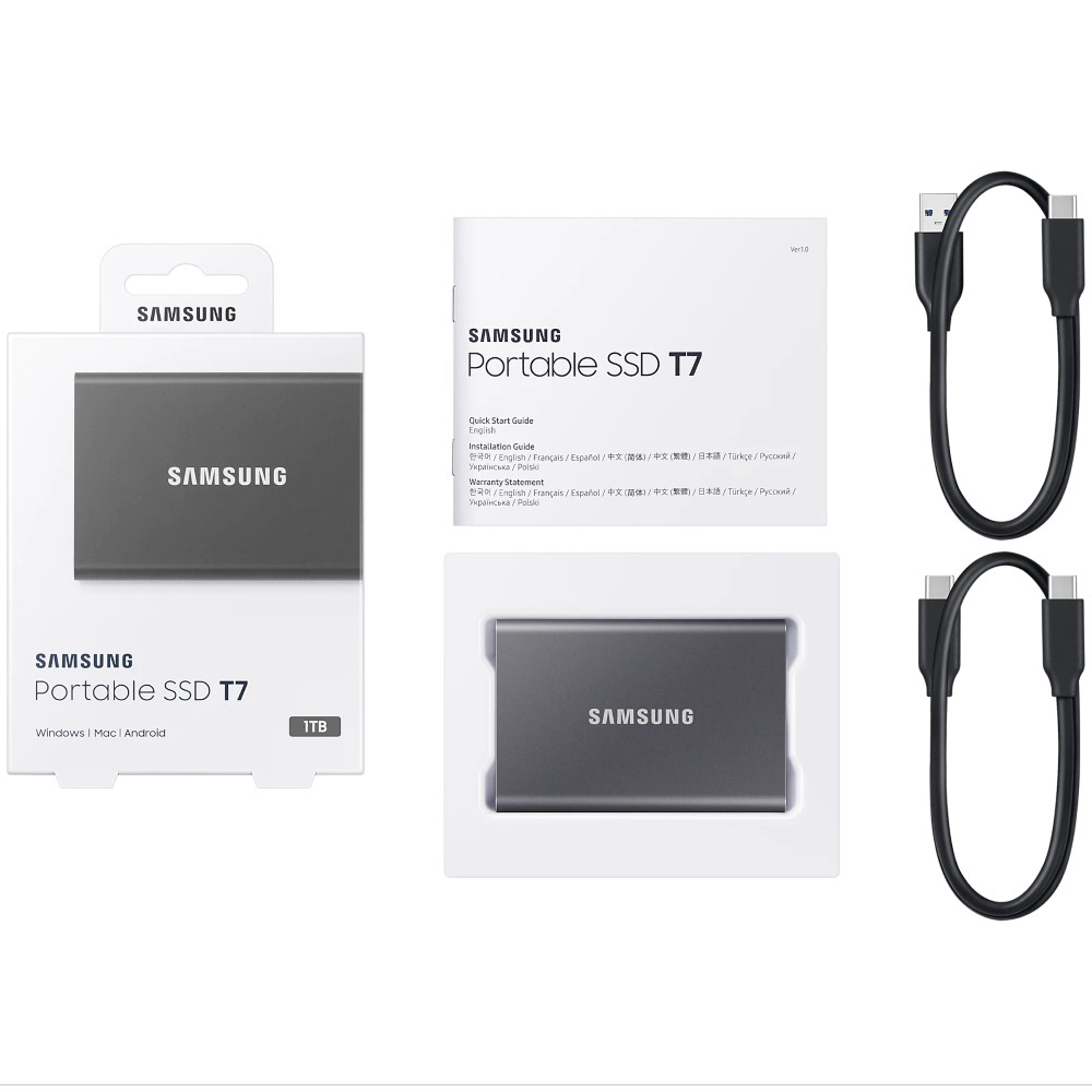 Внешний твердотельный накопитель SSD 1TB Samsung T7 Portable MU-PC1T0T, USB 3.2 Gen 2 Type-C, USB 3....
