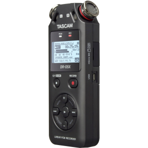 Диктофон Tascam DR-05X, Два всенаправленных конденсаторных стерео микрофона A-B, (MP3 32-320kbps/44.1-48kHz), (WAV 16-24bit/44.1-96kHz), MP3/WAV, microSD/SDHC/SDXC, Line In, Line Out, microUSB, Black