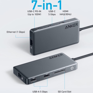 USB-хаб Anker 341 7-in-1 USB-C Hub A83480A1 1x100W USB Type-C PD-IN, 1xUSB Type-C (5 Gbps), 2xUSB 3....