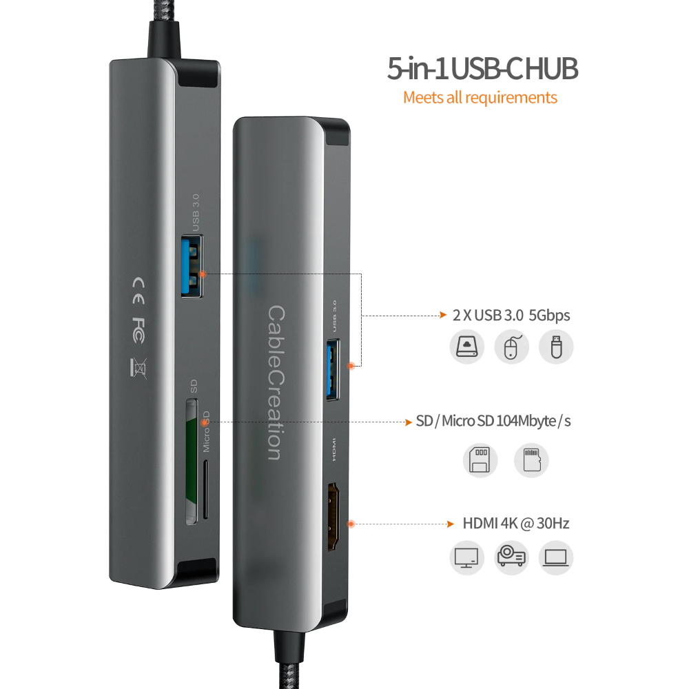 USB-хаб CableCreation 5-in-1 USB-C Hub CD0779 4K HDMI (30Hz), Micro SD Card Reader, SD Card Reader,...